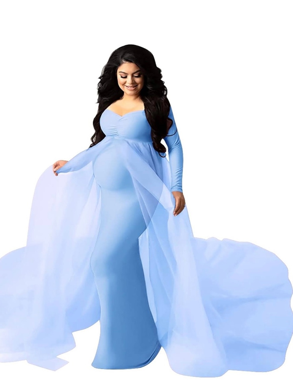 Light Blue Maternity Midi Dress with Sheer Overlay